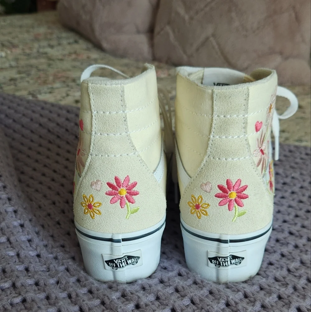 Vans Cream High-Top Sneakers with Floral Embroidery